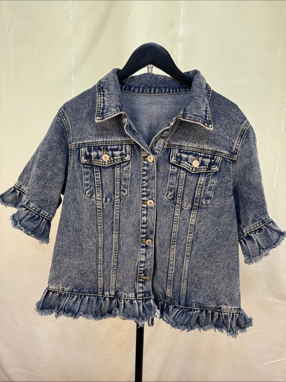 Women's Blue Denim Ruffle-Trim Jacket